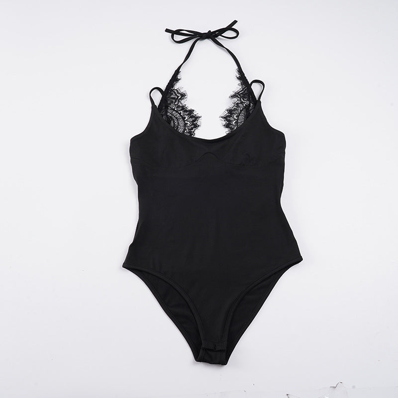Damen Badeanzug mit elegantem Spitzeneinsatz und halterförmigem Design EB