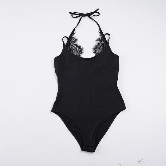 Damen Badeanzug mit elegantem Spitzeneinsatz und halterförmigem Design EB