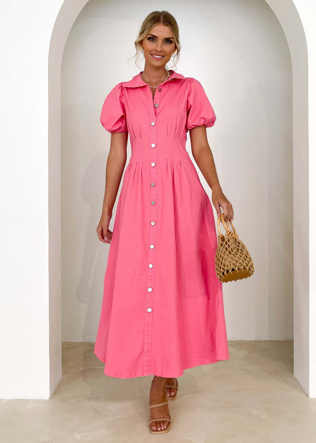 Damen Knielanges Hemdkleid mit Puffärmeln und Knopfverschluss EB