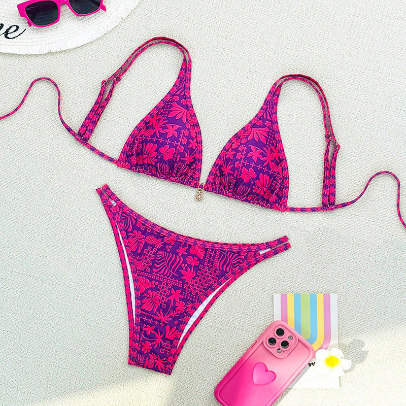 Damen Triangel-Bikini-Set mit schimmerndem Blütenmuster und verstellbaren Trägern EB