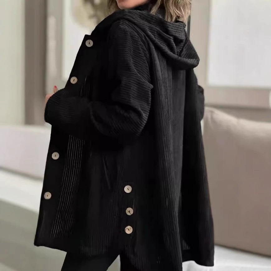 Damen Kapuzenjacke aus Rippstoff mit Holzknöpfen und Freizeit-Schnitt EB