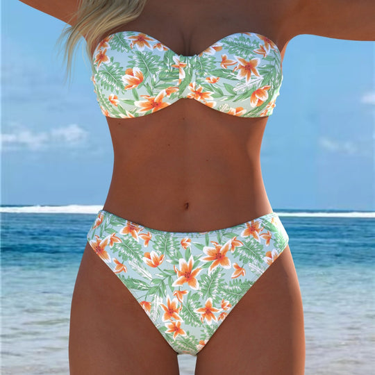 Damen Bandeau-Bikini mit einzigartigem Federmuster und hohem Taillenschnitt EB