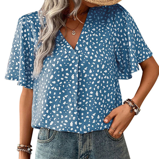 Damen V-Ausschnitt T-Shirt mit Leopardenmuster und fließendem Schnitt EB