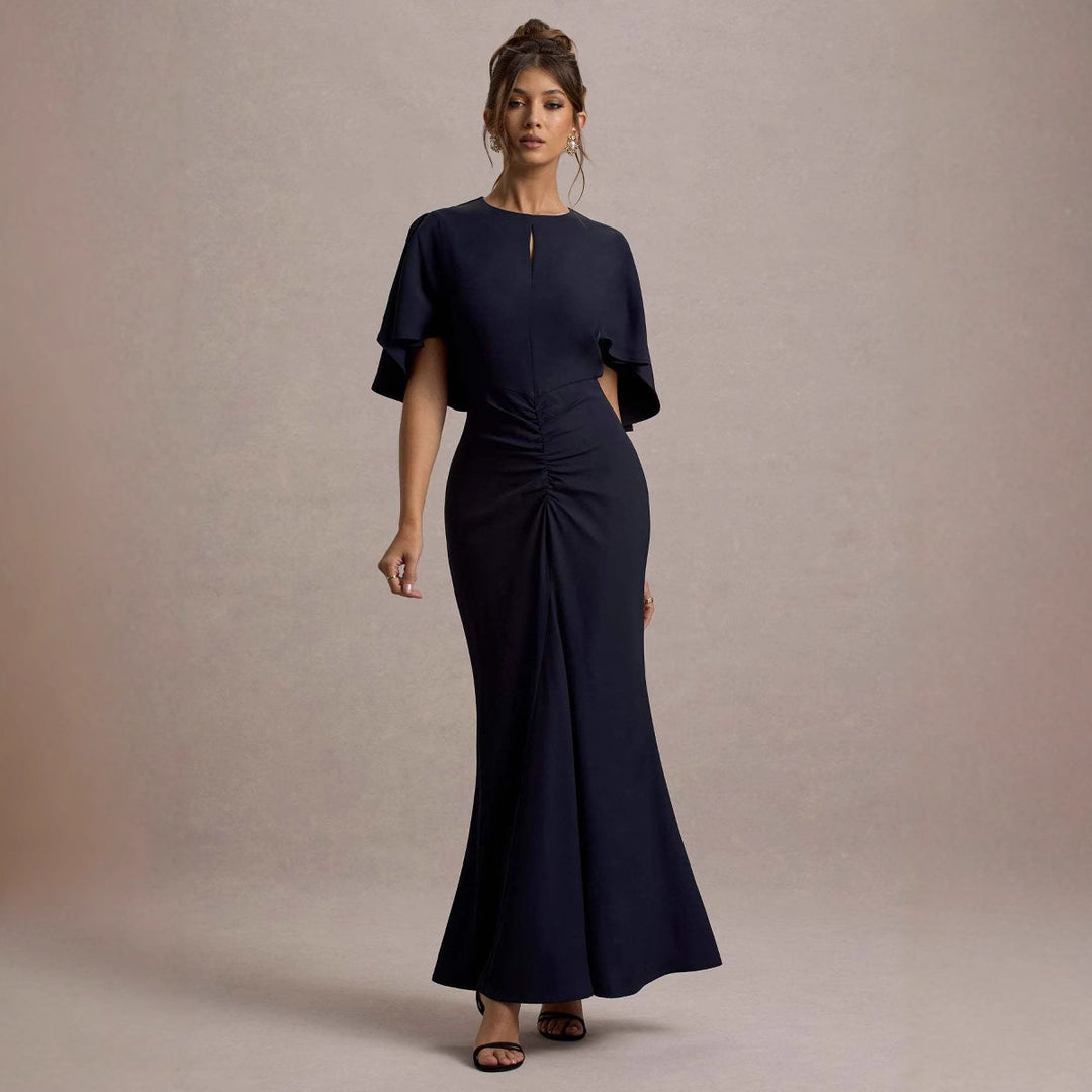 Damen Maxikleid mit eleganten Volantärmeln und taillierter Raffung EB