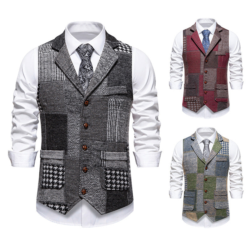 Herren nan Patchwork Weste mit Reverskragen Knopfleiste und aufgesetzten Taschen EB