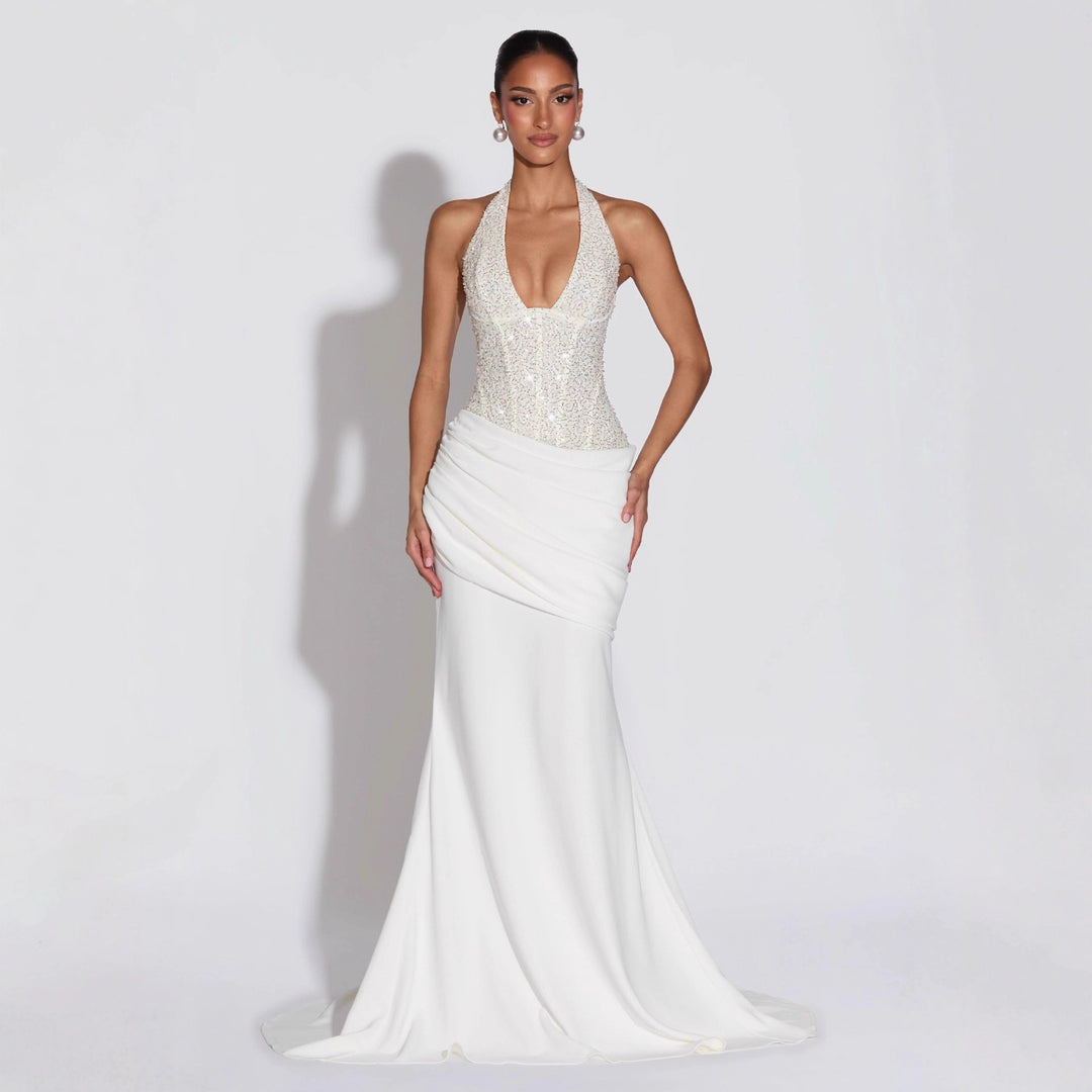Damen Glamouröses Abendkleid mit tiefem V-Ausschnitt und dekorativen Pailletten EB