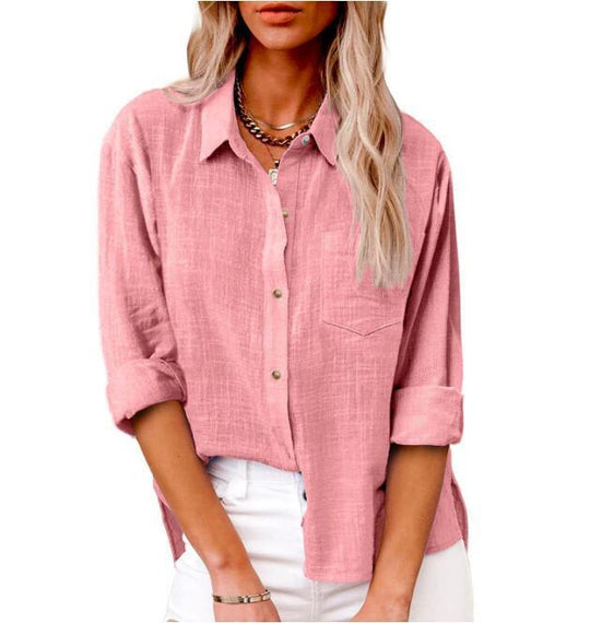 Damen lässige Leinenbluse mit kurzem Arm und Knopfdetails EB