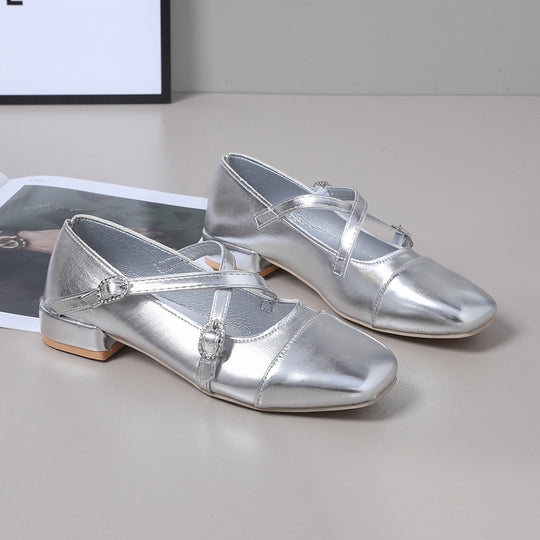 Damen Elegante Flachschuhe mit schimmerndem Obermaterial und verstellbaren Riemen EB