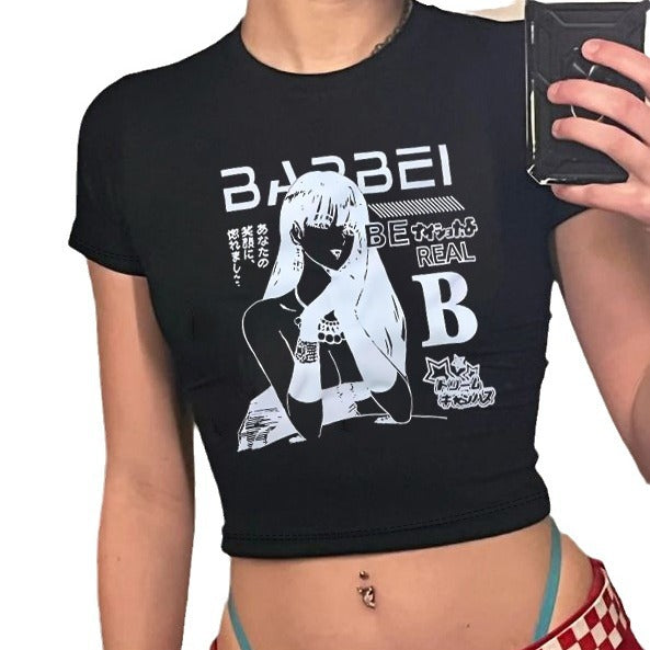 Damen Crop-T-Shirt mit kreativem Skelettdesign und inspirierendem Schriftzug EB