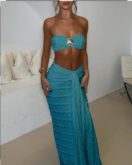 Damen Kleidungsset aus feiner Spitze und elegantem Wickelsaum EB