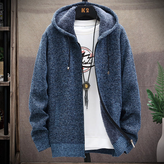 Herren nan gefütterte Strick-Kapuzensweatjacke mit Teddyfutter, durchgehendem Reißverschluss und Kängurutaschen EB