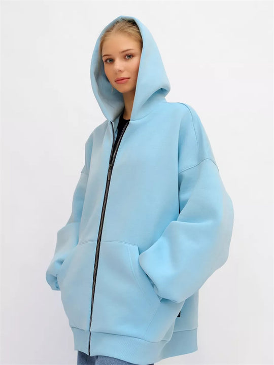 Damen lässiger Oversized Zip-Hoodie mit tiefen Taschen EB