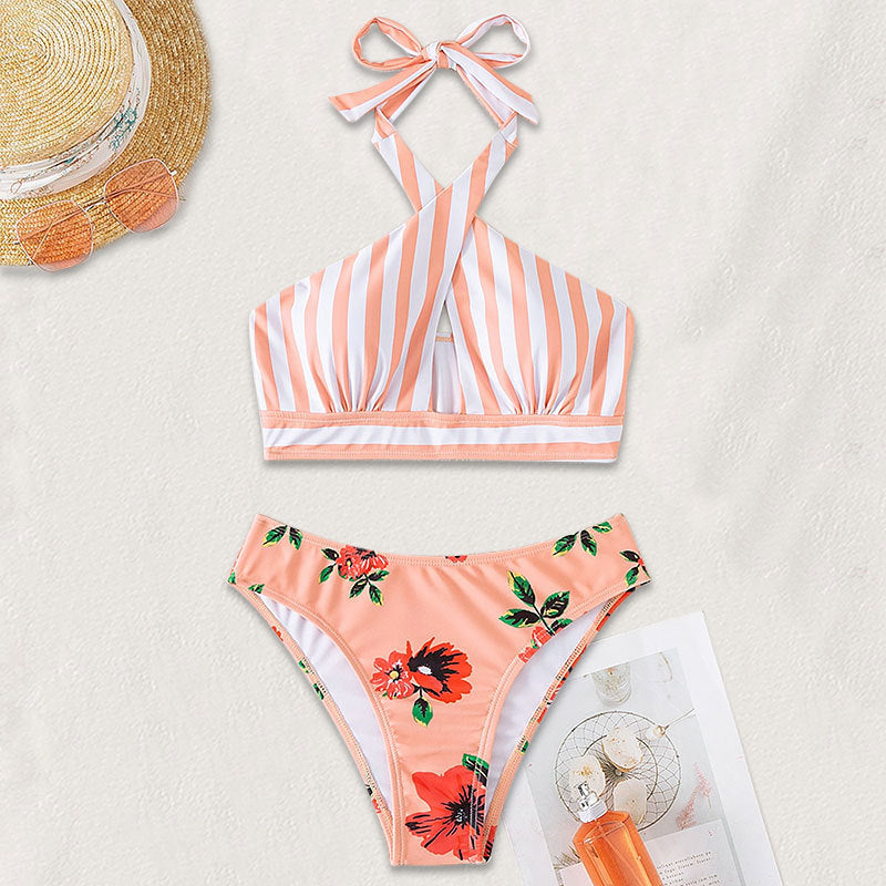 Damen Hochgeschnittener Bikini mit floralem Design und trendigem Wickeloberteil EB