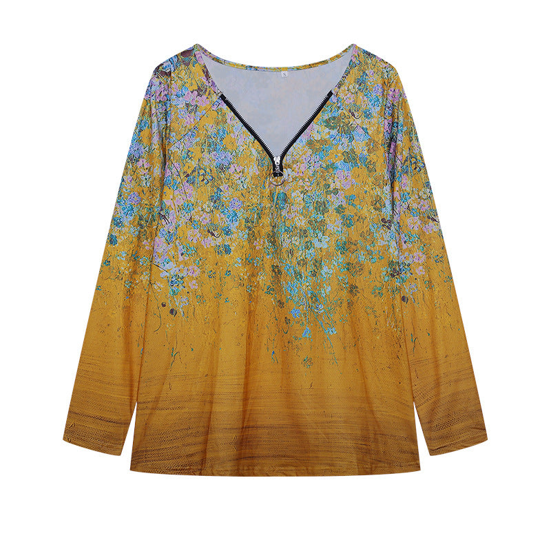 Damen Langarmshirt mit farbenfrohem Blütenmuster und modernem Zipper EB