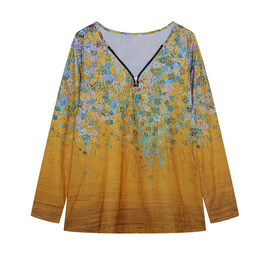 Damen Langarmshirt mit farbenfrohem Blütenmuster und modernem Zipper EB