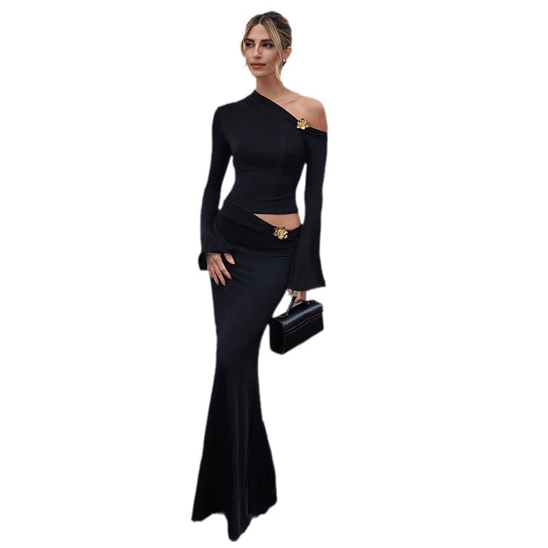 Damen Elegantes Maxikleid mit asymmetrischem Ausschnitt und langen Flügelärmeln EB