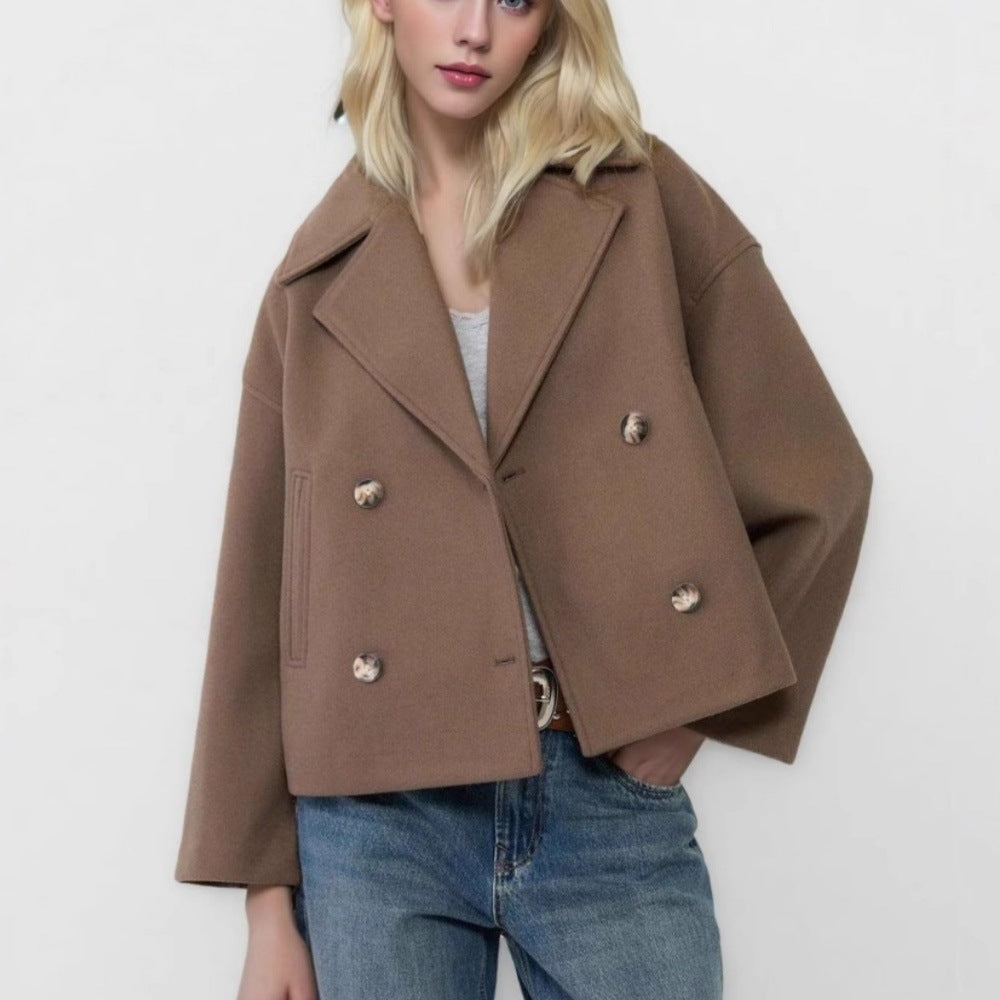 Damen nan kurzes doppeltreihiges Wollmix-Manteljacke im Boxy-Cut mit weitem Reverskragen EB