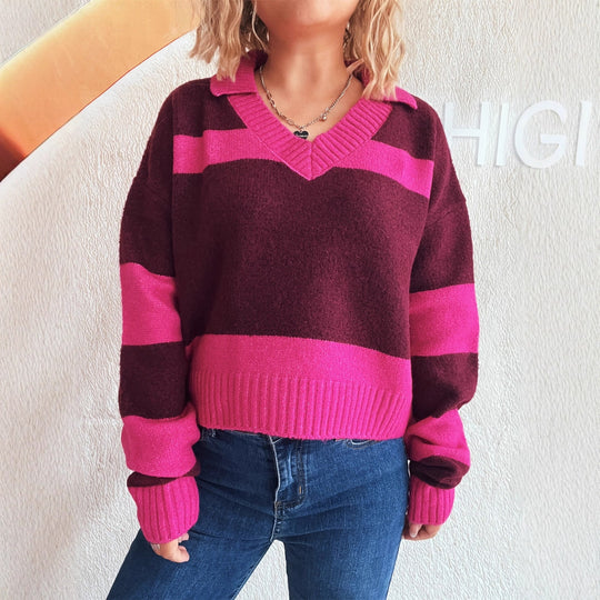 Damen Strickpullover mit modischen Streifen und V-Ausschnitt EB