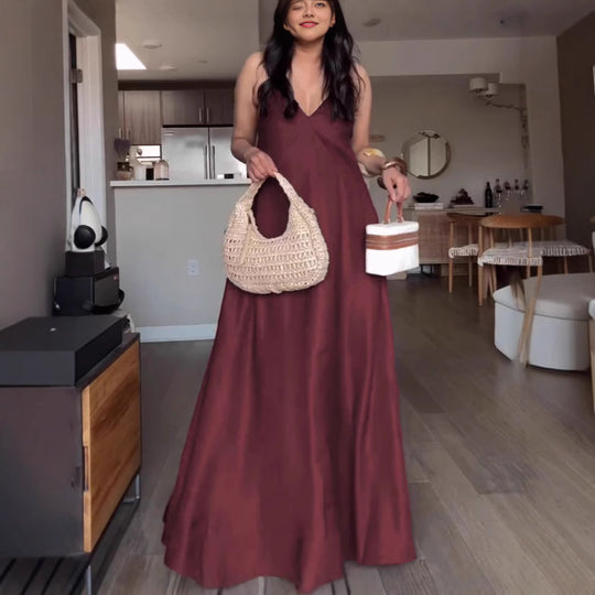 Damen Maxikleid mit elegantem V-Ausschnitt und praktischen Taschen EB