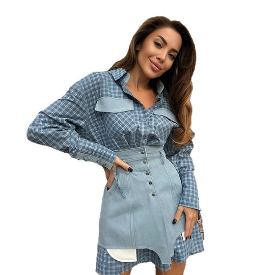 Damen Karo Hemdbluse mit Jeansrock und artisanalem Schnitt EB