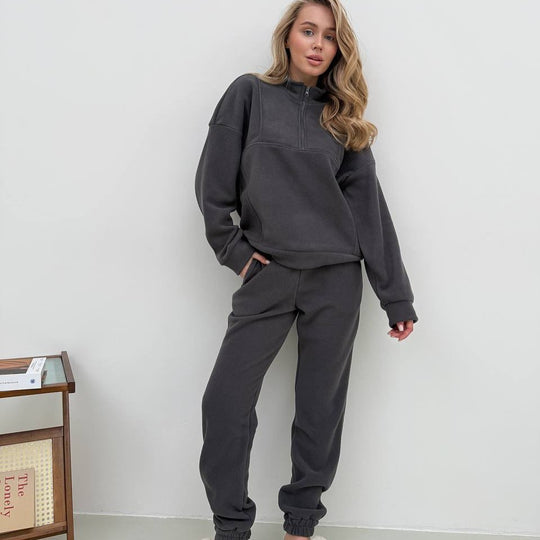 Damen Kuscheliges Fleece-Loungewear-Set mit halbem Reißverschluss und elastischer Jogginghose EB