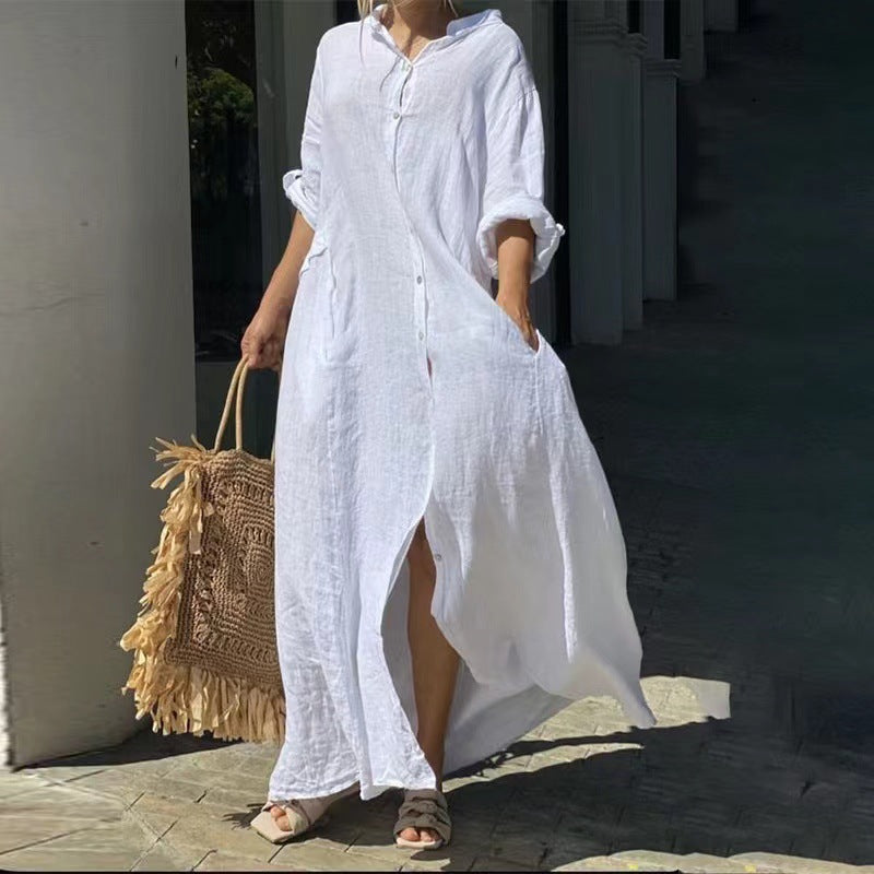 EB | Einreiher Baumwoll-Leinen Plus Size Langkleid