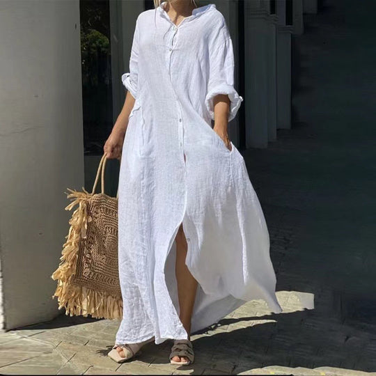 EB | Einreiher Baumwoll-Leinen Plus Size Langkleid