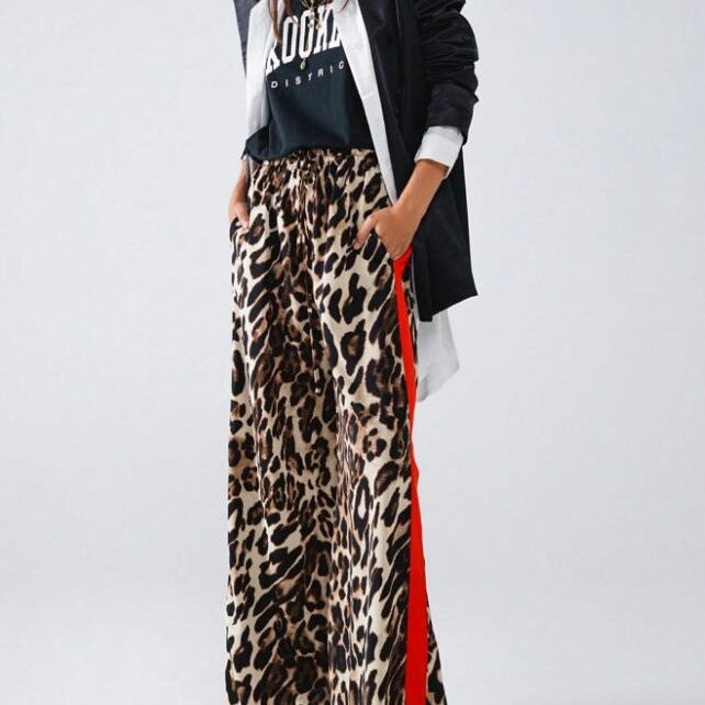 Damen weite Leinenhose mit modischem Leopardenmuster und kontrastierendem Streifen EB
