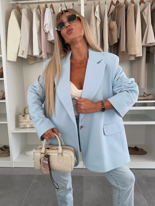 Damen Elegante Oversized Blazerjacke mit tiefem Revers und praktischen Taschen EB