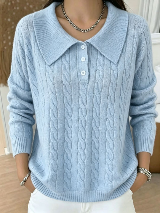 Damen Kabelstrick-Polo-Pullover mit großem Umlegekragen und lockerer Silhouette EB