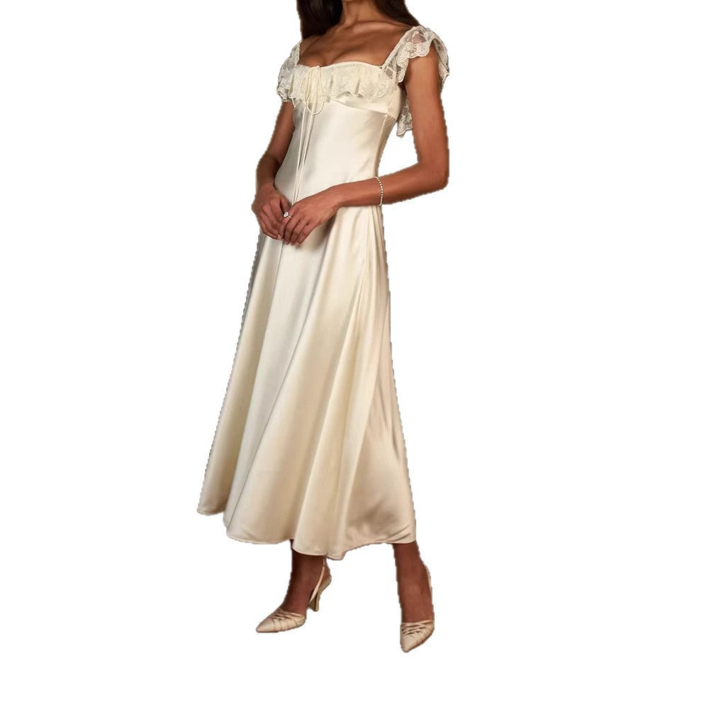 Damen Elegantes bodenlanges Kleid mit Spitzenbesatz EB