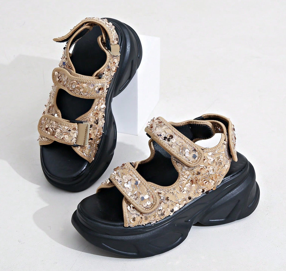 Damen Glamouröse Plateau-Sandalen mit verstellbaren Riemen und funkelnden Applikationen EB