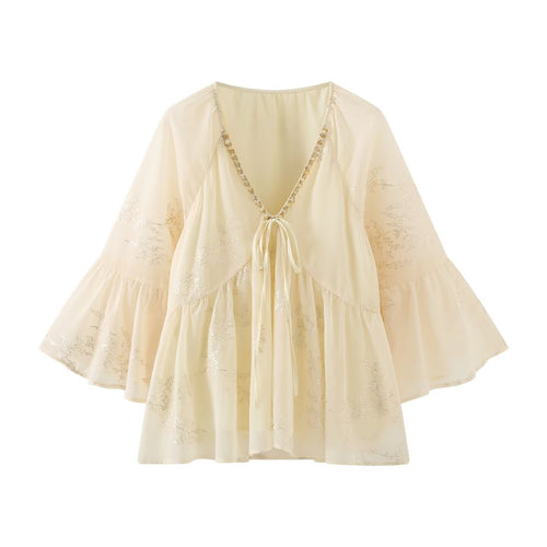Damen leichtes Blusenshirt mit fließendem Schnitt und eleganten Bindebanddetails EB