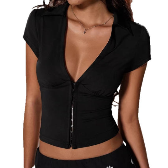 Damen Elegantes Bodysuit mit tiefem V-Ausschnitt und dekorativer Knopfleiste EB