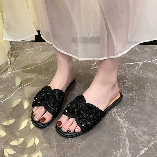 Damen nan elegante Mule mit quadratischer Zehenpartie Bouclé-Obermaterial und Perlenverzierung EB