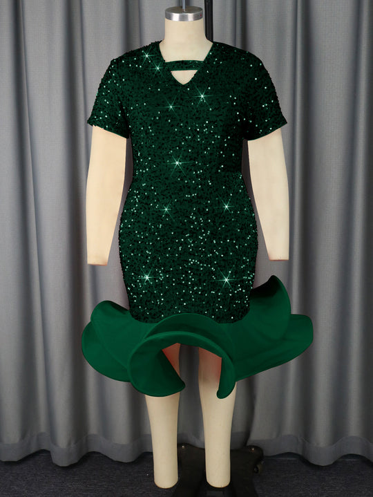 Damen glamouröses Abendkleid mit schimmernden Pailletten und voluminösem Saum EB