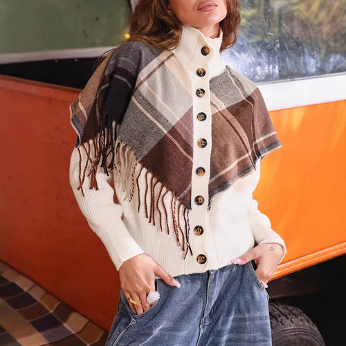 Damen eleganter Cardigan mit Fransen und dekorativen Knöpfen EB