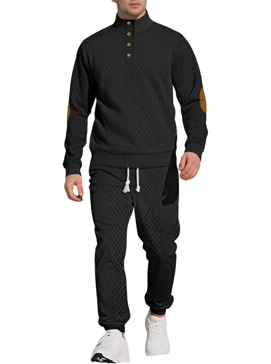 Herren nan strukturiertes Strick-Freizeitset mit Halbknopf-Stehkragen Wildleder-Ellbogenpatches und Kordelbund-Jogger EB