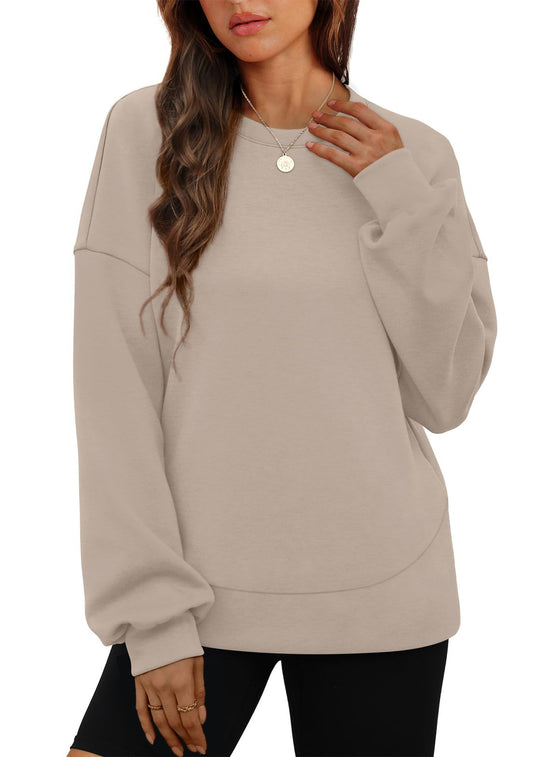 Damen nan lässiges Oversize Rundhals-Sweatshirt mit überschnittener Schulter gerundetem Saum und weichem Innenfutter EB