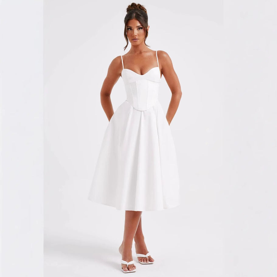 Damen Midikleid mit figurbetontem Oberteil und schwingendem Rock EB