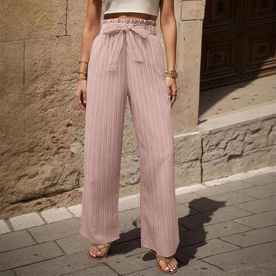 Damen Weite Plissee-Hose mit Paperbag-Bund und Taillenbindegürtel EB