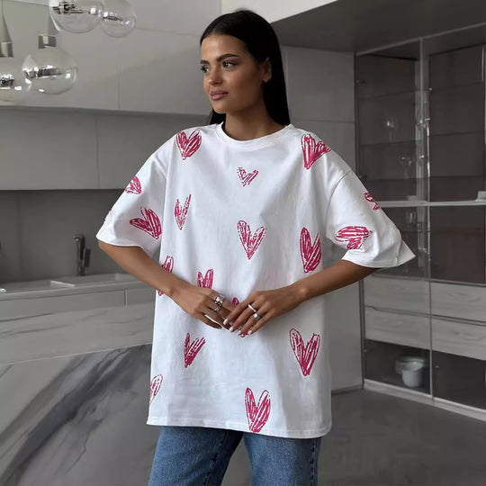 Damen lässiges T-Shirt mit Herzmotiv EB