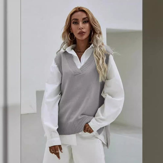 Damen Strickweste mit V-Ausschnitt und eleganter Rippenstruktur EB