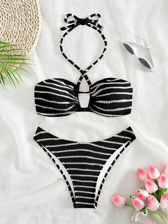 Damen zweiteiliger Bikini mit geflochtenem Oberteil und hohem Beinausschnitt EB