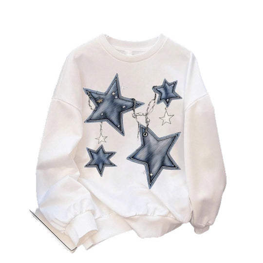 Damen nan lässiges Oversize-Sweatshirt mit gestickten Stern-Applikationen in Jeans-Optik und geripptem Saum EB
