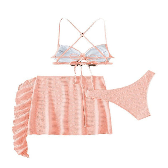 Damen Bikini-Set mit trägerlosem Oberteil, hohem Beinausschnitt und fließendem Rock EB