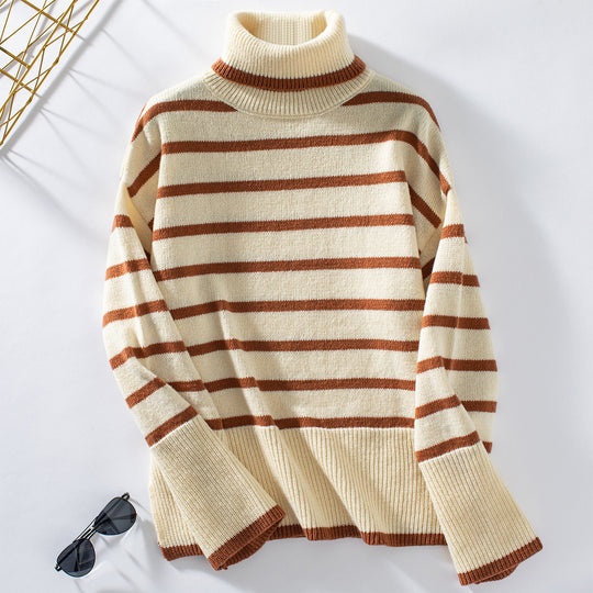Damen modischer Rollkragenpullover mit breiten Streifen und lässigem Schnitt EB