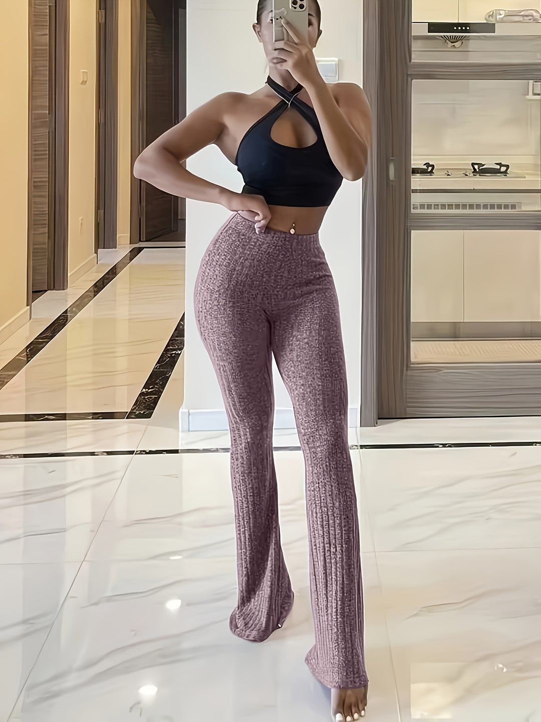 Damen Flared Leggings mit hochelastischem Bund und strukturierter Oberfläche EB