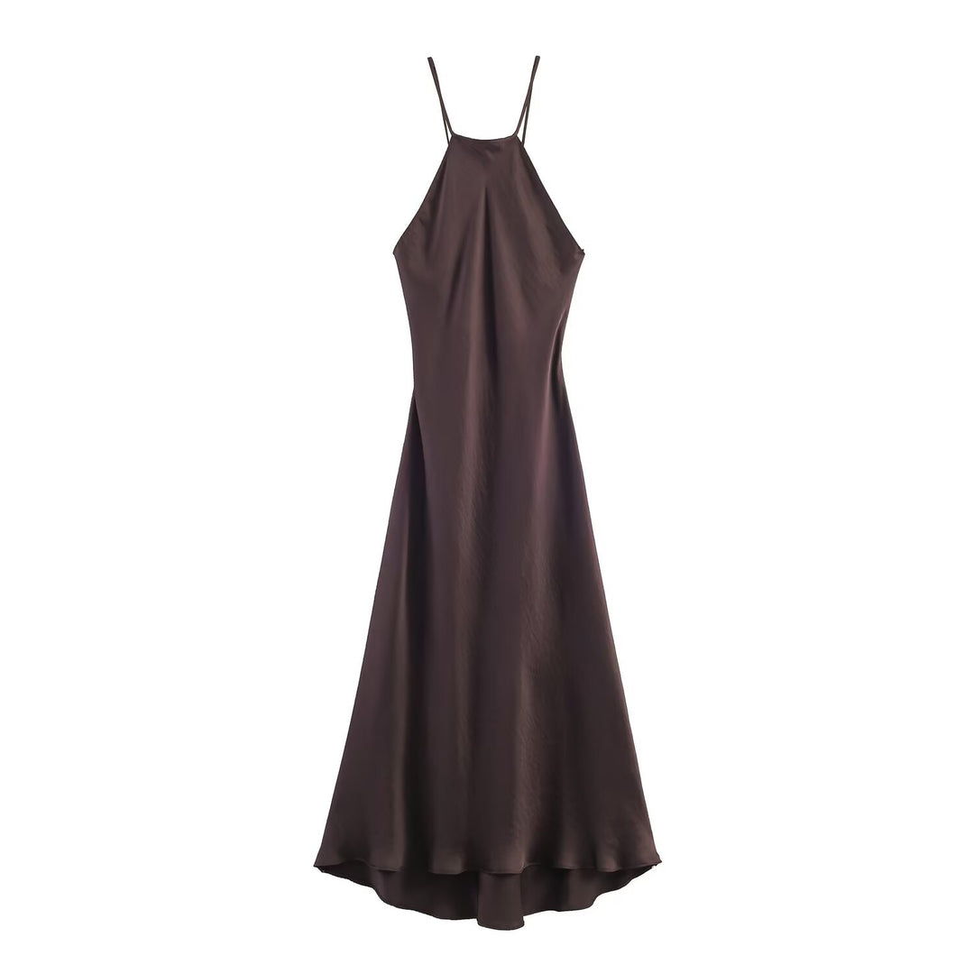 Damen Maxikleid mit elegantem Halterneck und schwingendem Saum EB