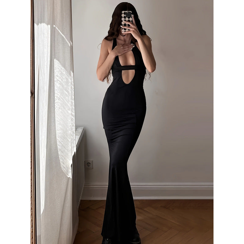 Damen figurbetontes Maxikleid mit tiefem V-Ausschnitt und elegantem Schlitz EB